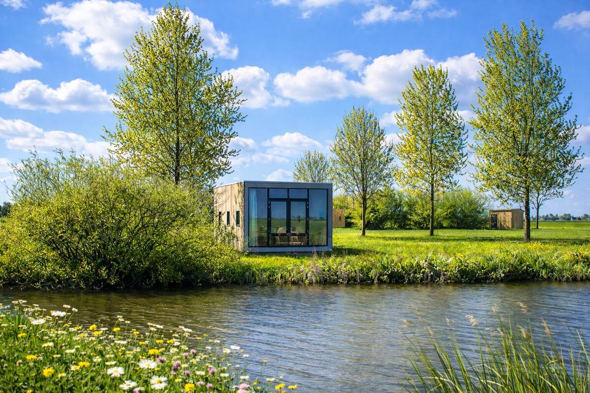 Ein modernes Glashaus an einem Fluss mit Blick auf die umliegende Natur und einen klaren Himmel.