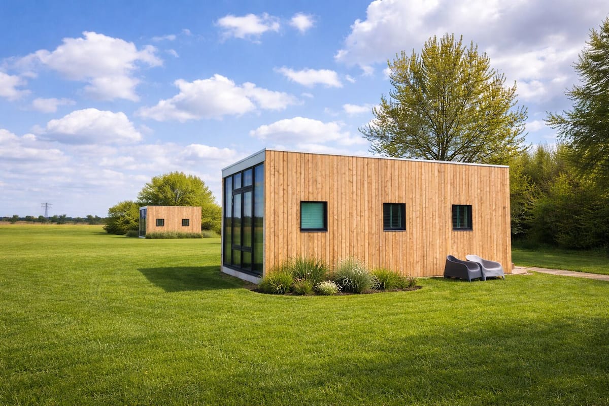 Eine moderne Holzhütte mit großen Fenstern, gelegen in einem grünen Feld unter blauem Himmel.