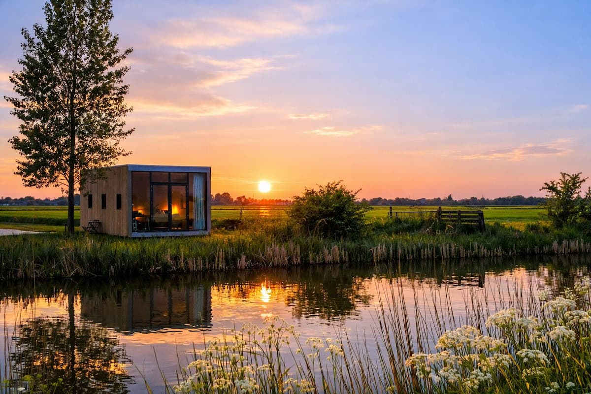 Ein modernes Blockhaus am See mit Blick auf den Sonnenuntergang.