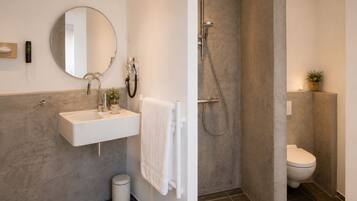 Ein modernes Badezimmer mit Waschbecken, Spiegel, Handtuchhalter, Dusche und Toilette.