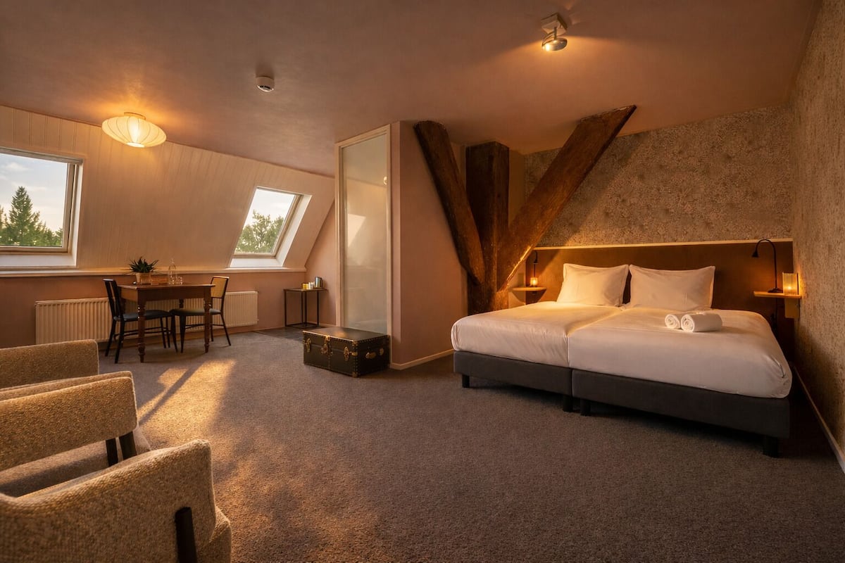 Ein Schlafzimmer mit Bett, Schreibtisch, Stuhl, Koffer und Fenster.