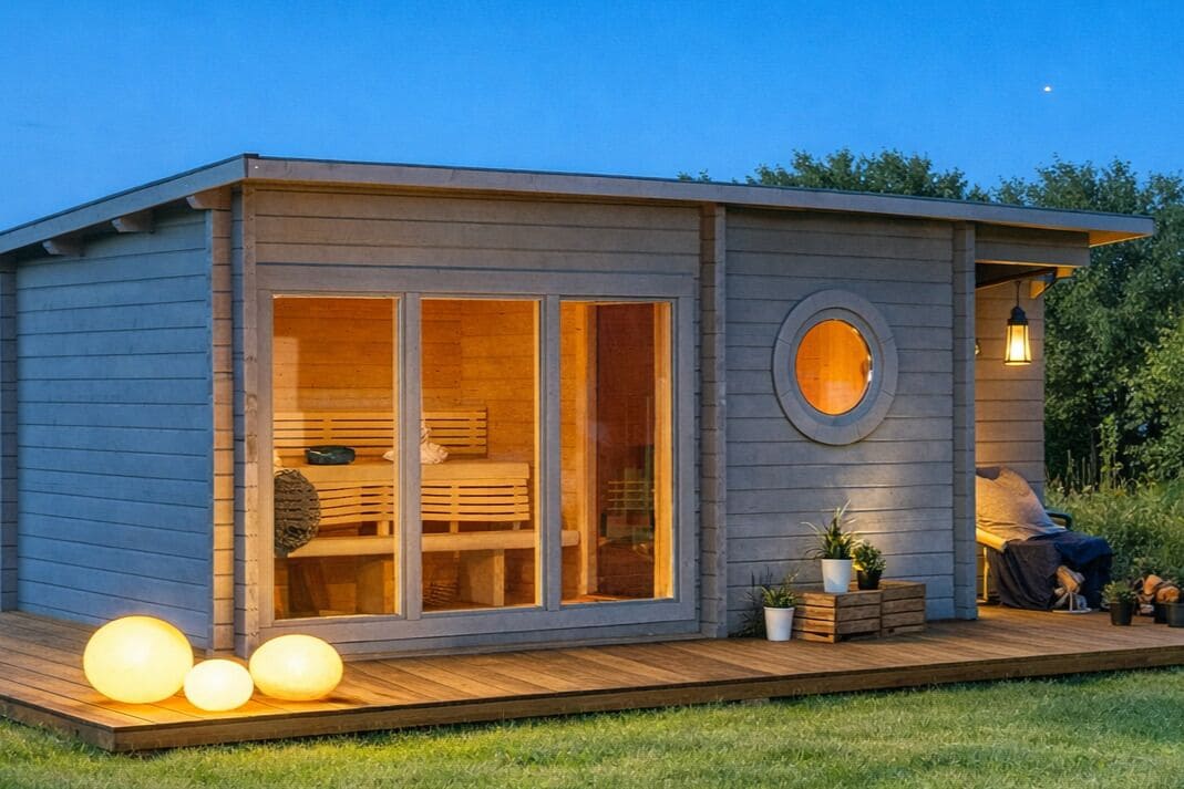 Una pequeña cabaña de madera de un piso con un porche, ventanas grandes y un tragaluz circular.