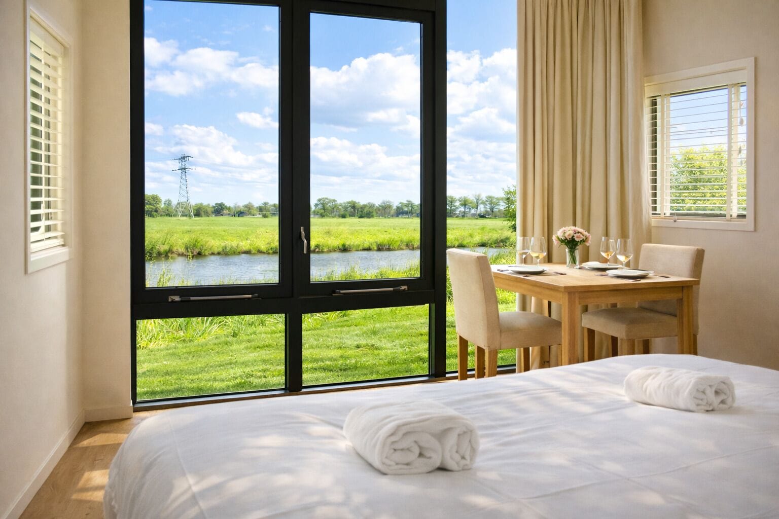 A hotel room with a large window, a bed, a table with chairs, and a view of a green landscape and water.