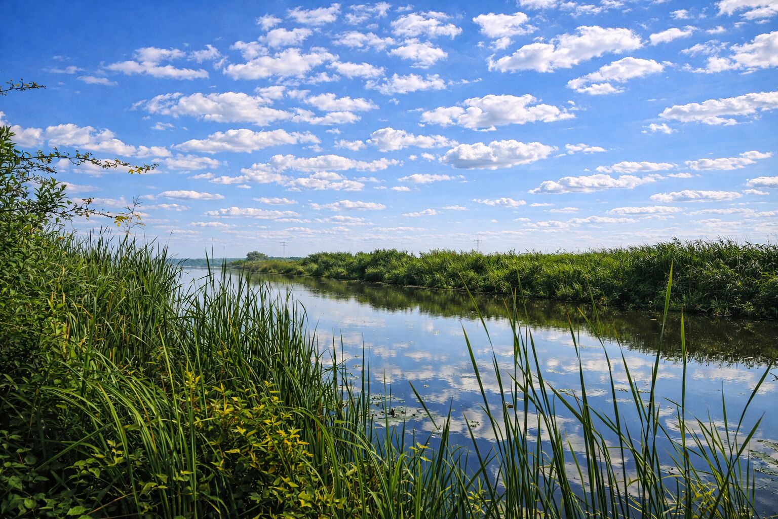 Un río tranquilo con abundante vegetación y un cielo azul despejado con algunas nubes.