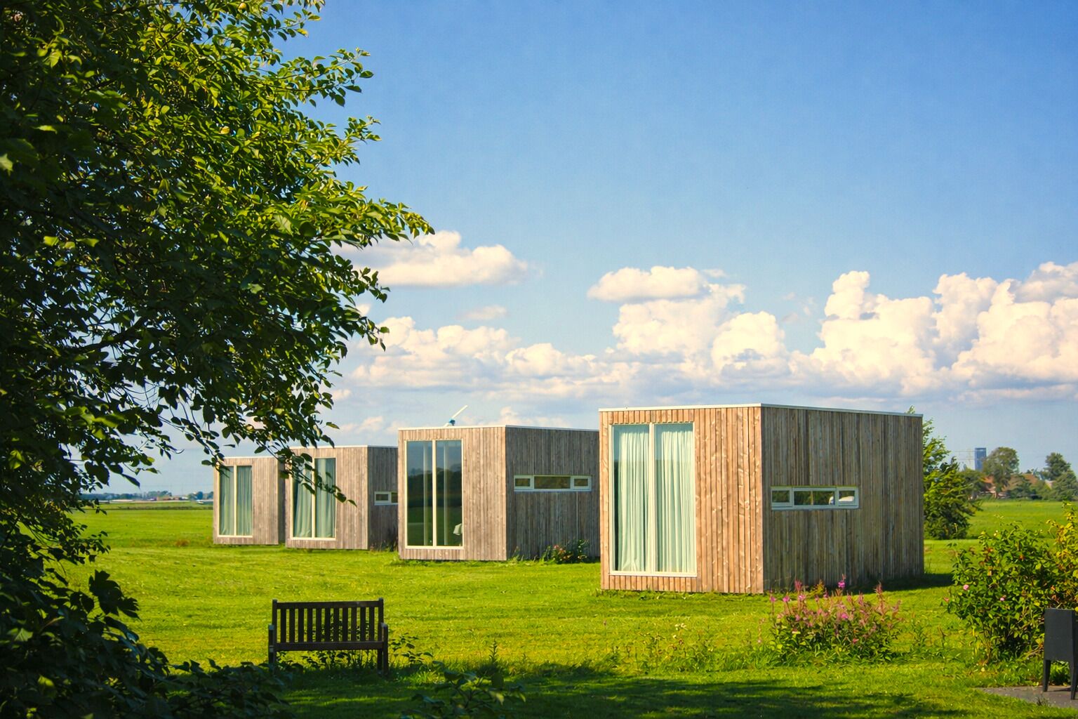 Trois cabanes en bois dotées de grandes fenêtres, situées dans un champ verdoyant, avec un banc au premier plan.
