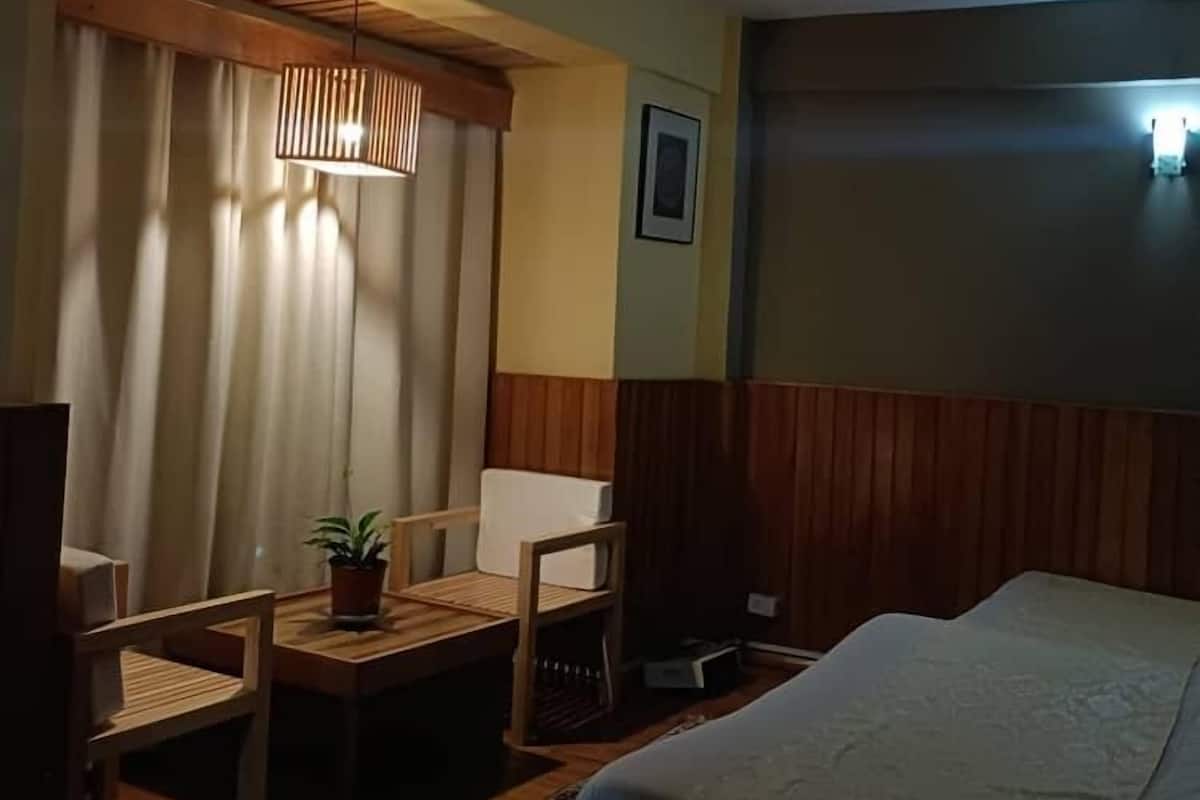 Ein Hotelzimmer mit einem Bett, zwei Stühlen, einem kleinen Tisch mit einer Pflanze, einem Fenster mit Vorhängen und einer Wandleuchte.