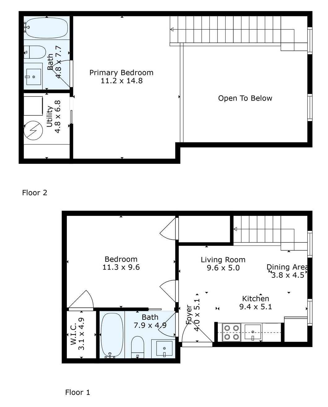 A floor plan of a two-story house with a primary bedroom on the second floor, a bathroom, a utility room, a living room, a dining area, and a kitchen.