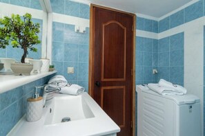Shower, hair dryer, towels