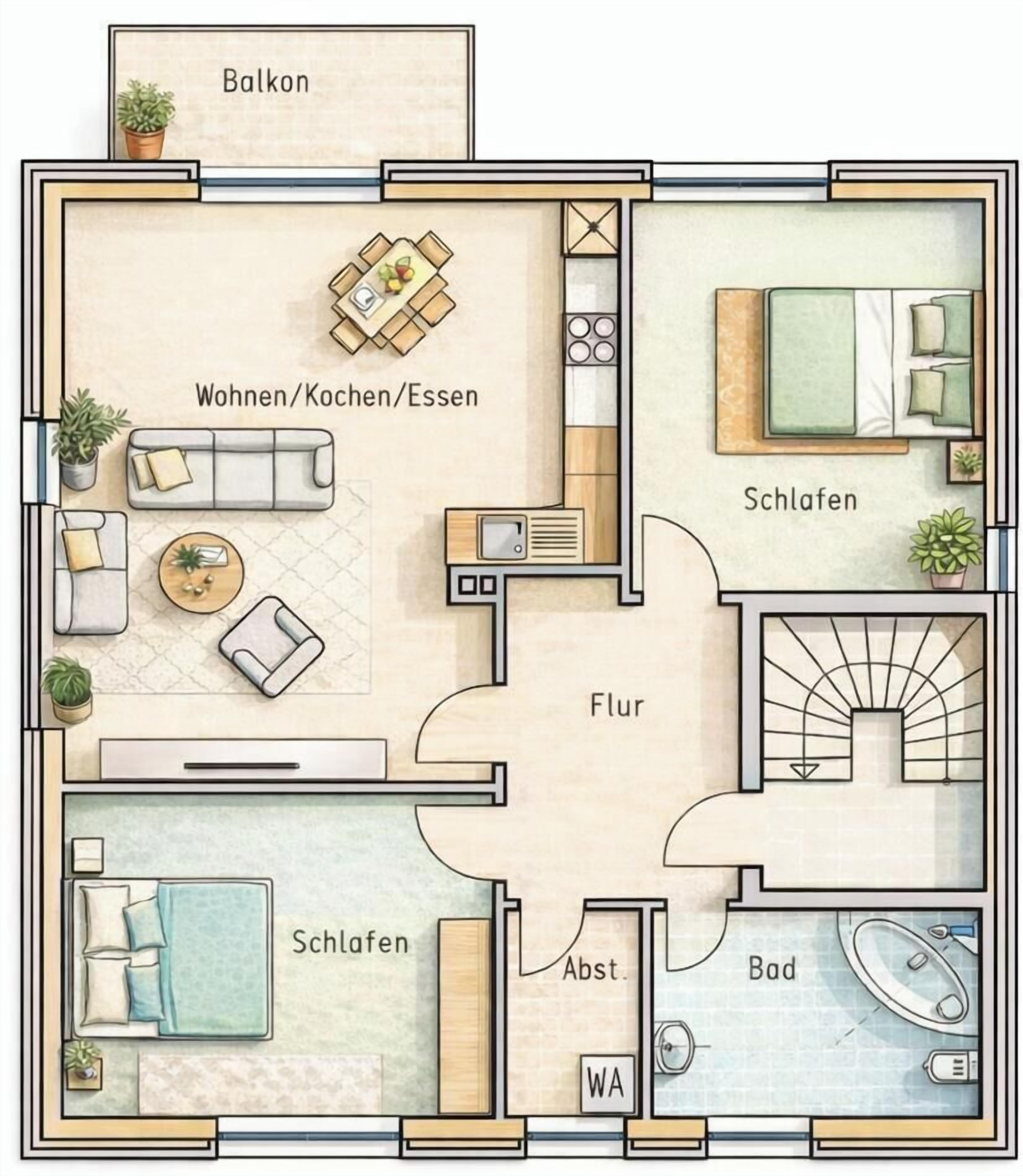 A floor plan of a hotel with a balcony, living/dining/kitchen area, bedrooms, bathroom, and a small outdoor area.