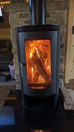 A wood-burning stove with a glass front, set against a stone wall. - Scandinavian Luxury Log Cabin Sleeps 6, Hot Tub, Durham & Bishop Auckland (Oakenshaw, Durham)