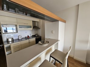 Fridge, microwave, oven, coffee/tea maker
