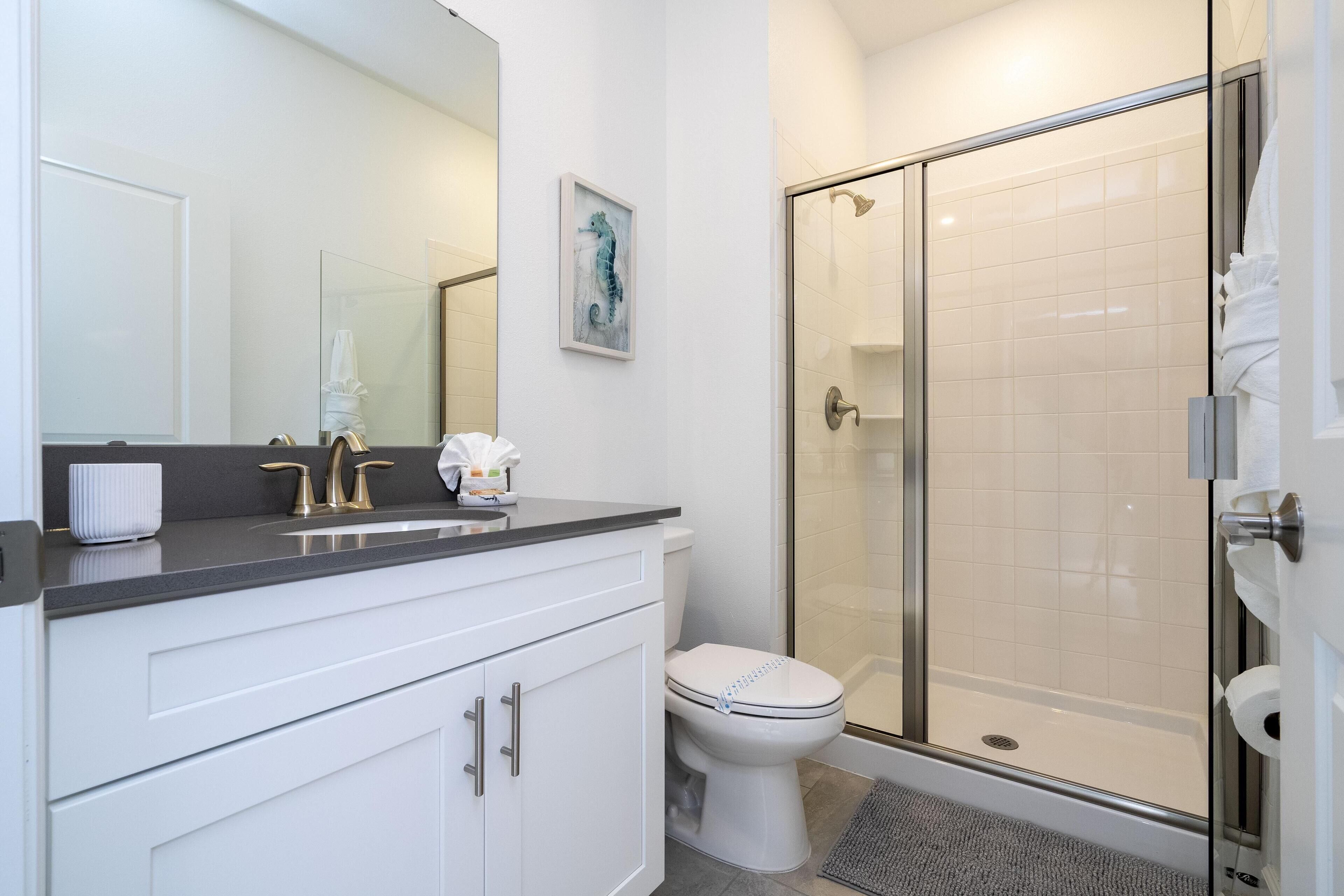 A modern bathroom with a glass-enclosed shower, a white toilet, and a large mirror above the sink.