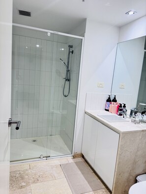 Shower, hair dryer, towels, soap