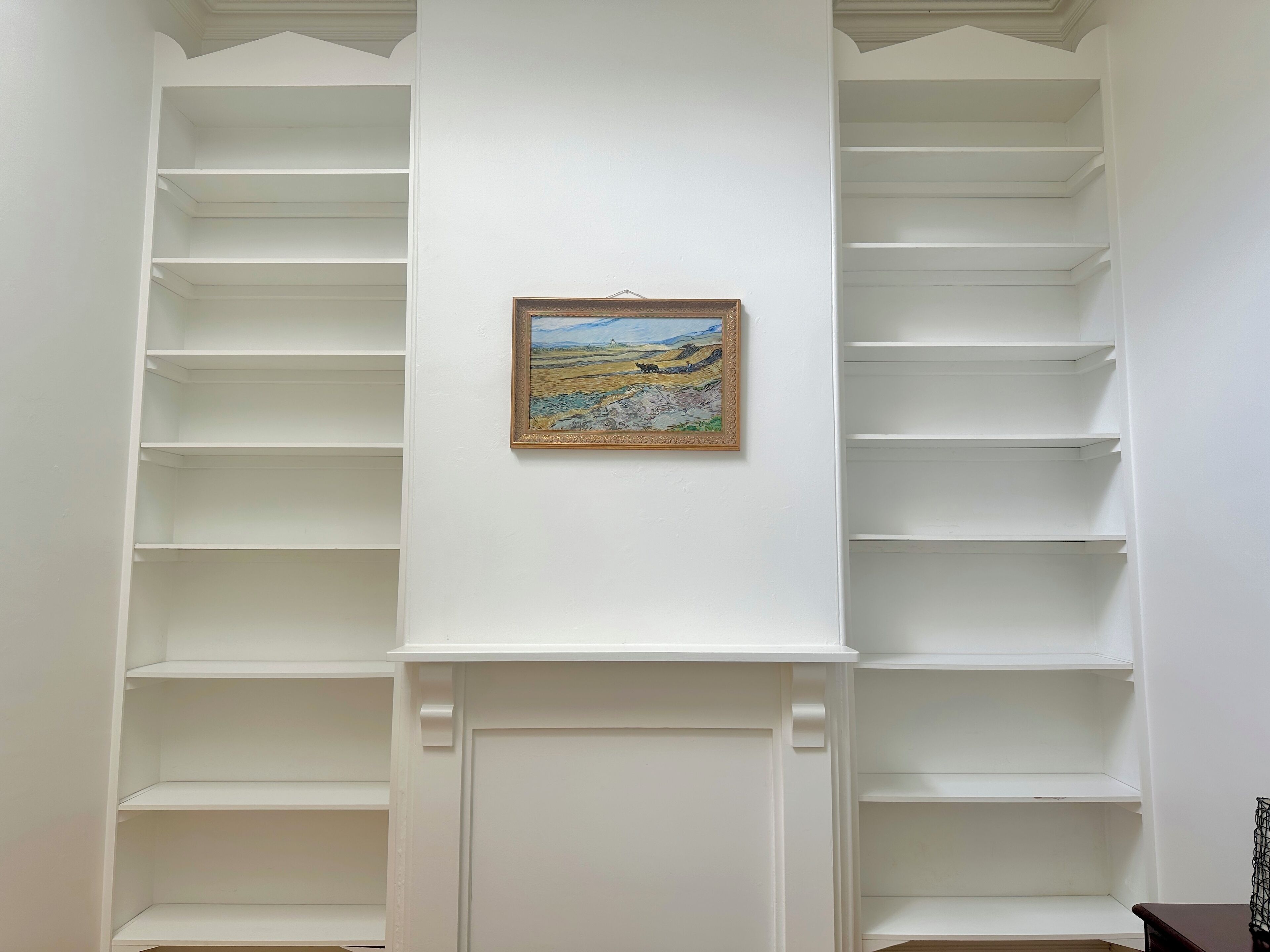 A white interior with a fireplace, a framed landscape painting, and a white shelving unit.