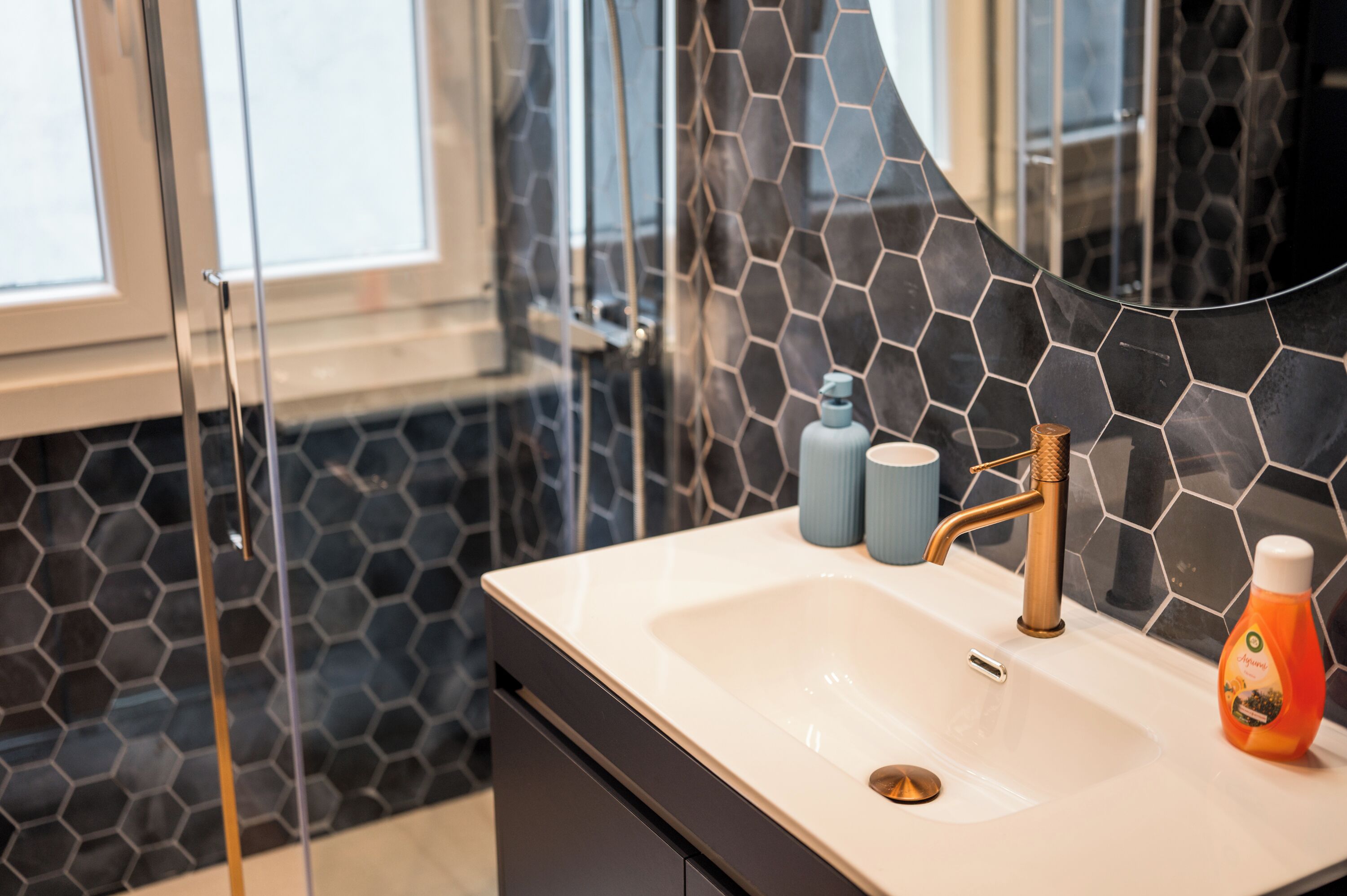 Shower, hair dryer, bidet, towels