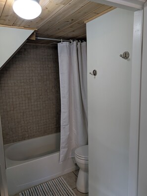 Hair dryer, towels, soap, toilet paper