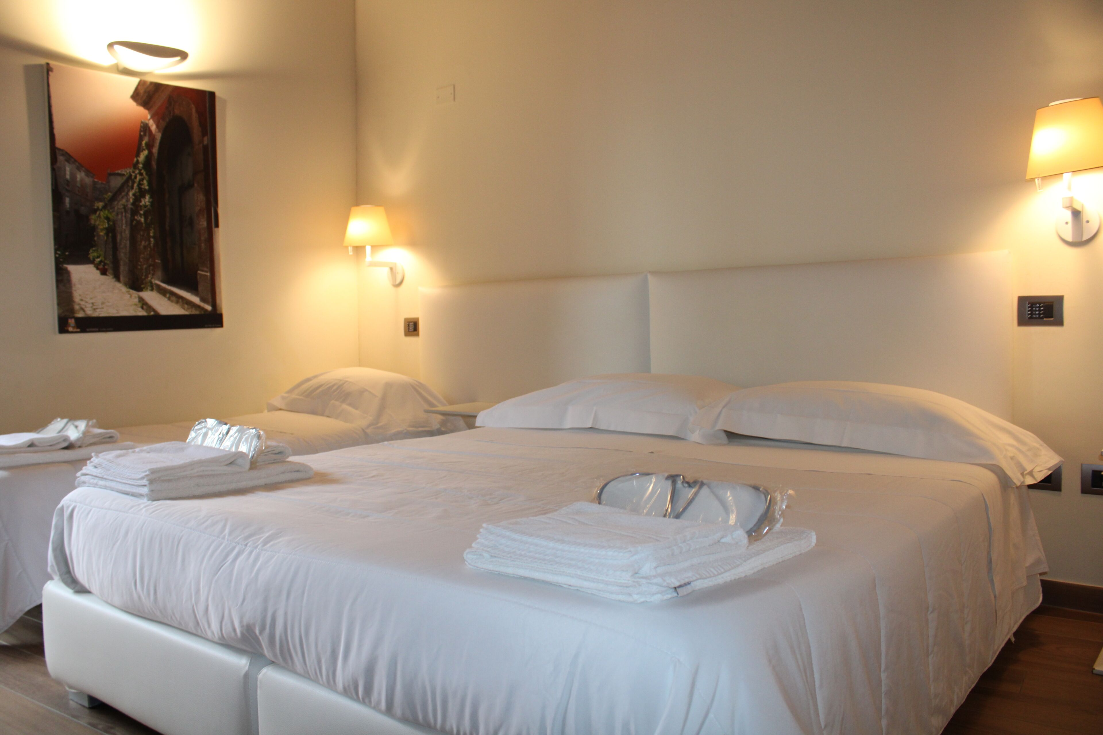 A hotel room with a large bed, two bedside tables, a wall-mounted lamp, and a painting.
