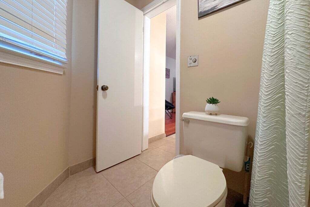 A bathroom with a toilet, a small sink with a plant, a door, and a shower curtain.