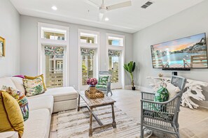 Smart TV, DVD player, books, video library