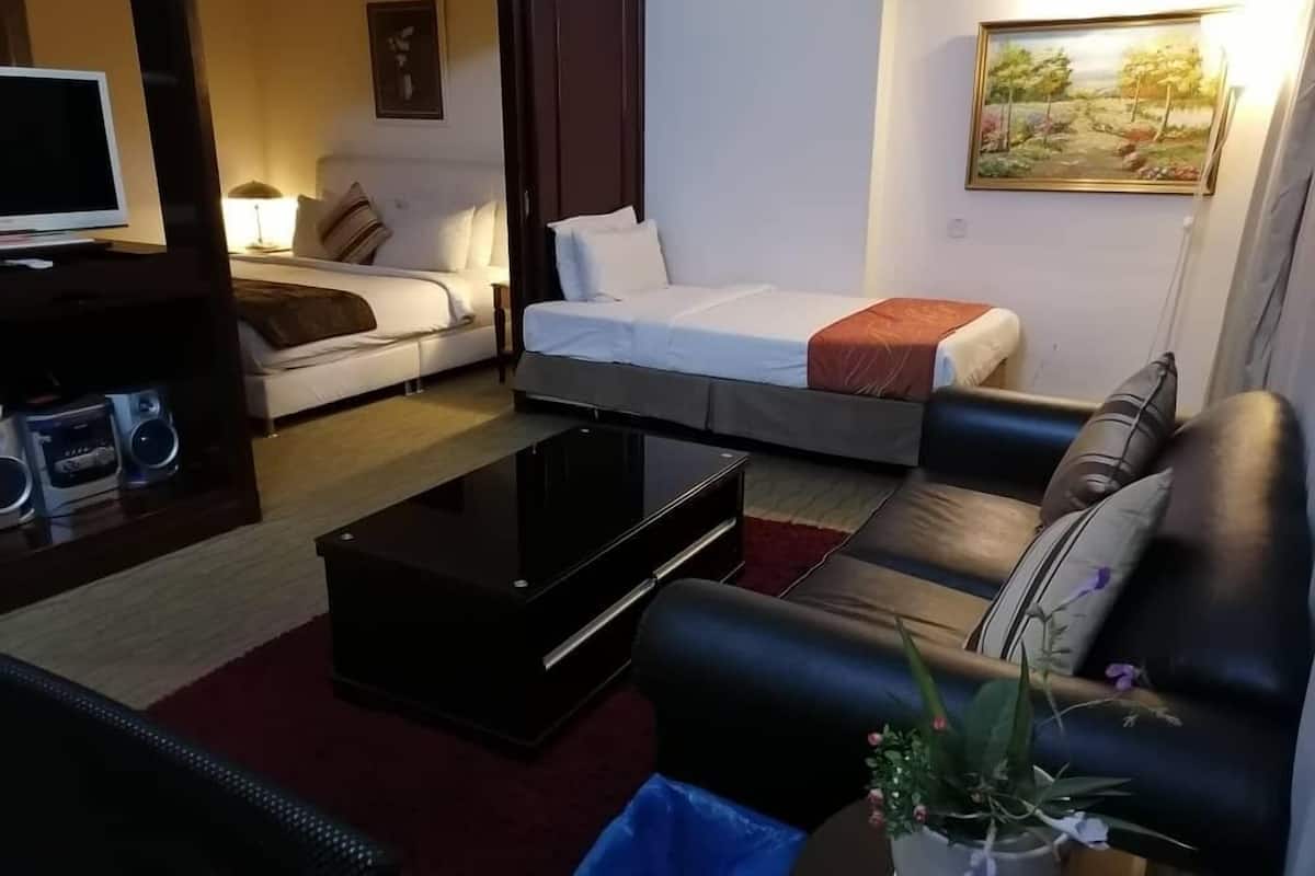 A compact living space with a sofa, a bed, a TV, and a coffee table.