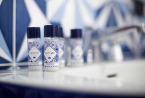 Hair dryer, towels, soap, toilet paper