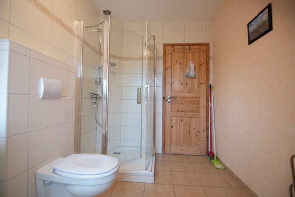 Shower, hair dryer, soap, toilet paper