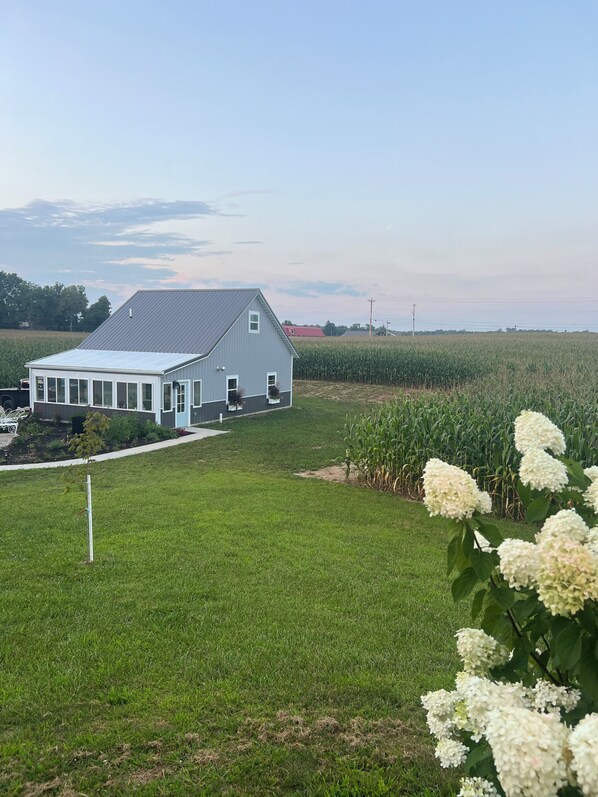 A large white house with a grey roof, surrounded by a well-maintained lawn and a cornfield.