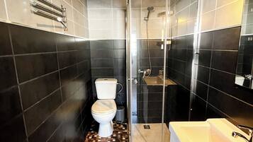 Shower, hair dryer, bidet, towels