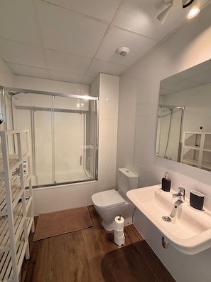 Hair dryer, towels, soap, toilet paper
