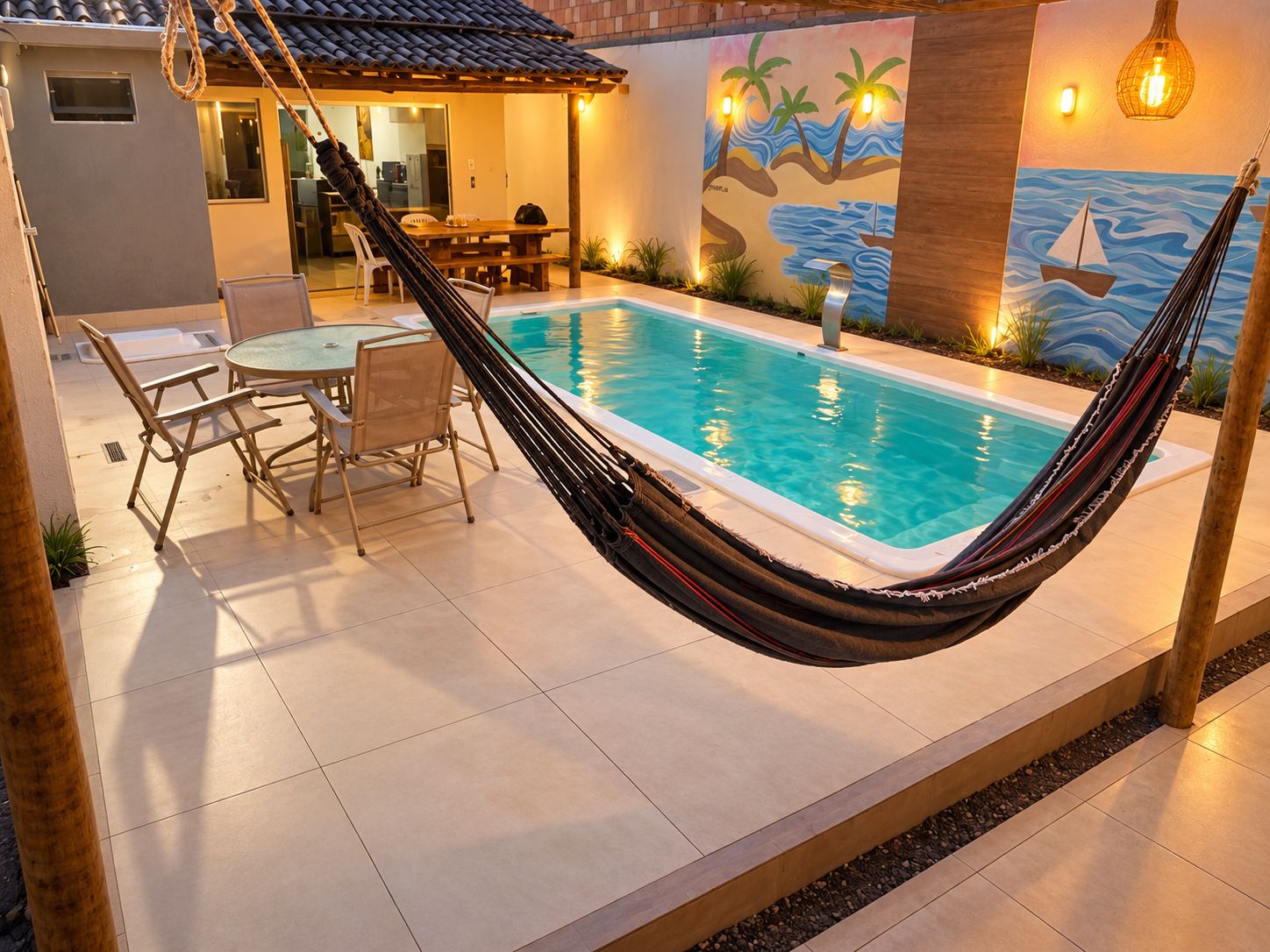 Una piscina con una hamaca, un área de comedor y un mural con una escena de playa.