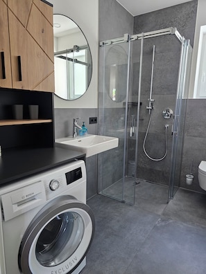 Shower, soap, toilet paper