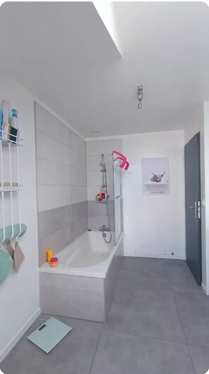 Hair dryer, towels, toilet paper