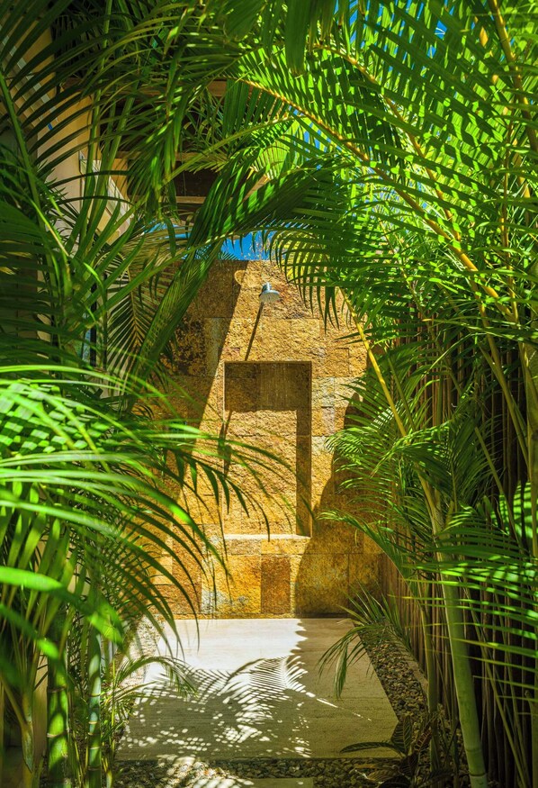 Un arco de piedra rodeado de exuberante follaje verde, que da paso a una zona de piscina.