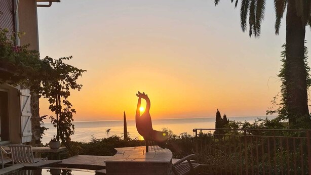 Vista del atardecer desde una zona de piscina con una palmera y una escultura.