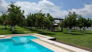 A swimming pool with a pergola and orange trees in the background. - Neriana Villa - Garden Paradise (Chania)