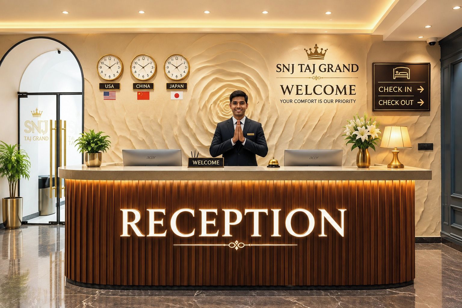 A reception desk with clocks displaying times for USA, China, and Japan, and a sign welcoming guests to SNN Taj Grand.