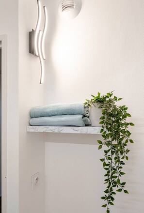 Experience a serene bathroom retreat with a minimalist design, featuring a bathtub, towels, and a potted plant.