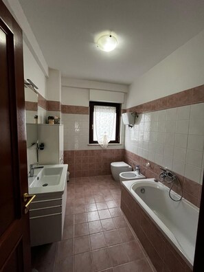 Bidet, towels, soap, toilet paper