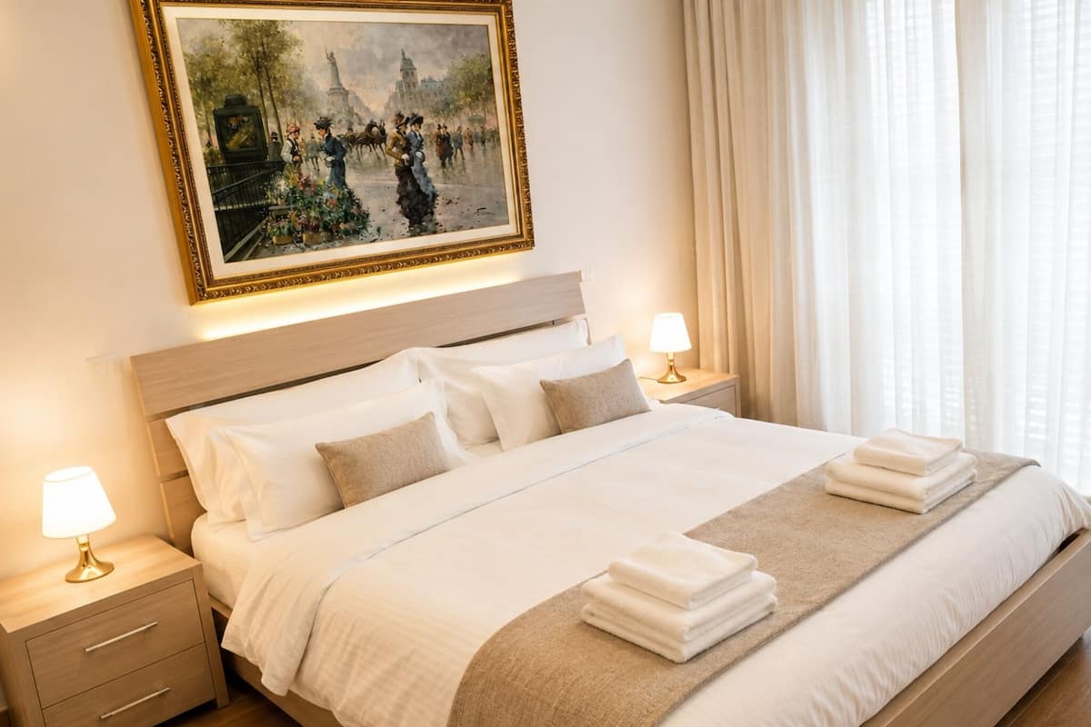 A neatly made bed with white linens, a headboard, and a painting above it.