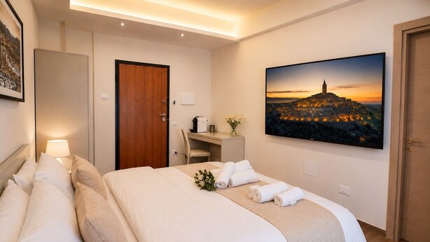 A hotel room with a bed, a desk, a chair, a TV, and a painting of a cityscape. - Central Domus (Matera)