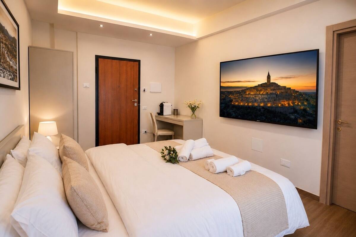 A hotel room with a bed, a desk, a chair, a TV, and a painting of a cityscape.
