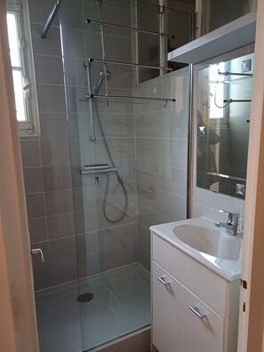 Douche, sèche-cheveux, serviettes fournies, papier toilette