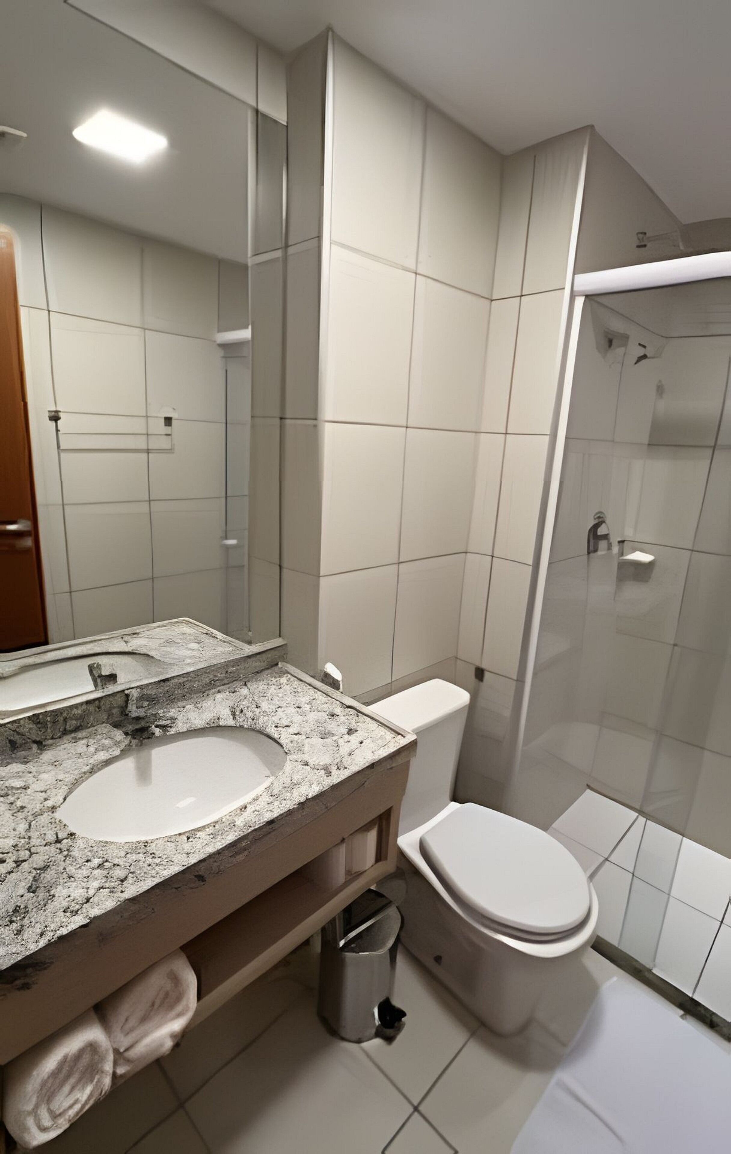 Een badkamer met een wastafelblad van graniet, een toilet en een douchecabine van glas.