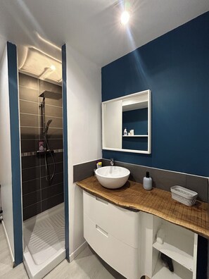 Shower, hair dryer, towels, soap - Cosy Vosges-style studio 20 minutes from Gérardmer (Lépanges-sur-Vologne)