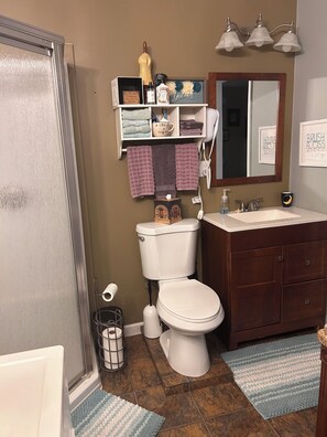 Ducha, secador de pelo, toallas, jabón