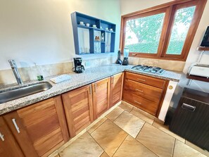 Apartemen Deluks, patio, pemandangan kebun | Dapur pribadi | Lemari es, microwave, kompor, dan peralatan masak/sendok-piring
