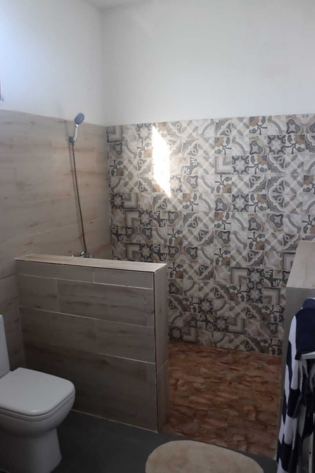 A bathroom with a shower, a toilet, and patterned tiles on the walls.