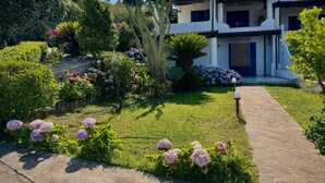 A modern two-story house with a well-maintained garden featuring hydrangeas and cacti. - Aeolian Villa - Apartment with two bedrooms, sea view, and garden (Lipari)