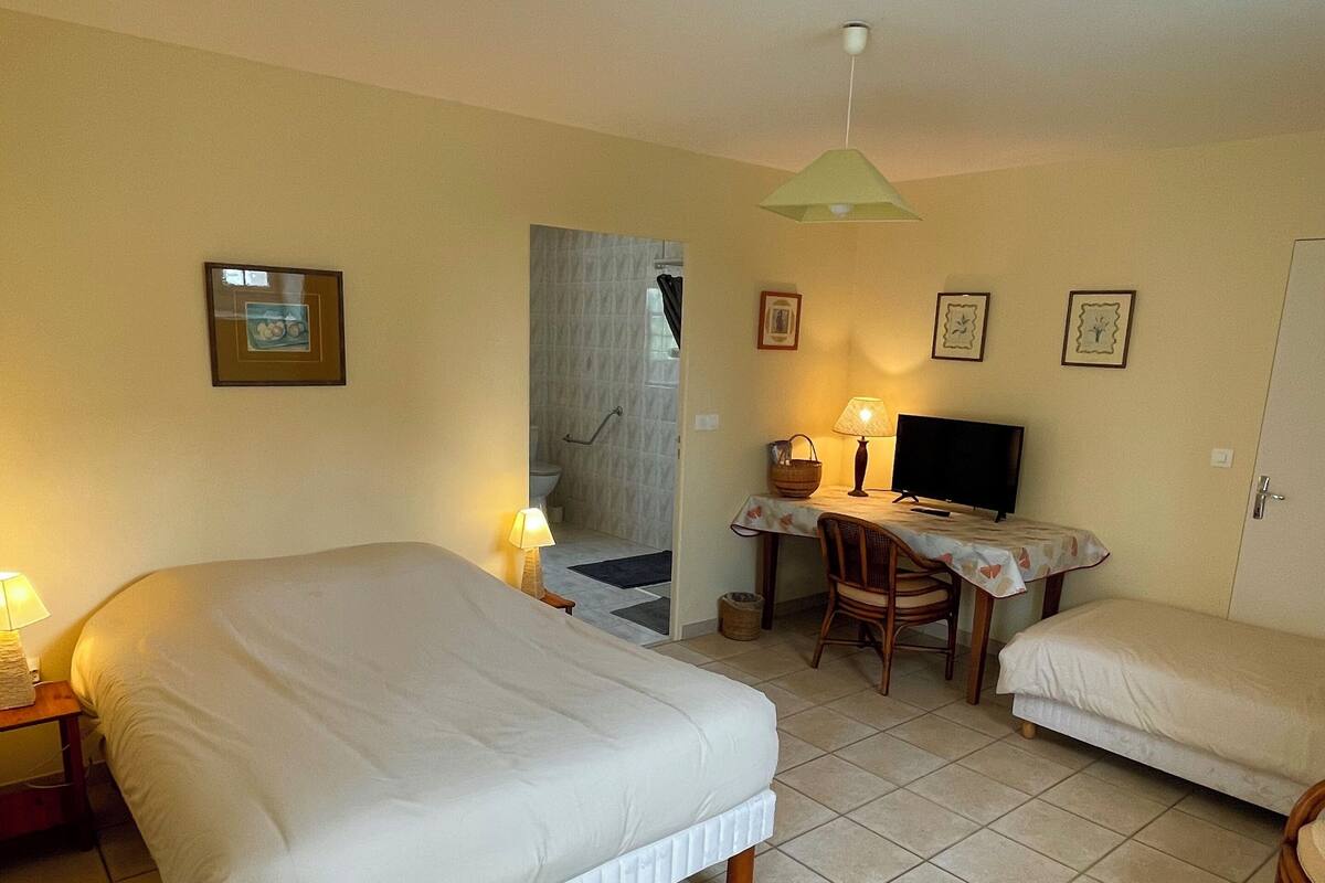 Un dormitorio con dos camas, un escritorio con televisor y un baño visible a través de una puerta abierta.