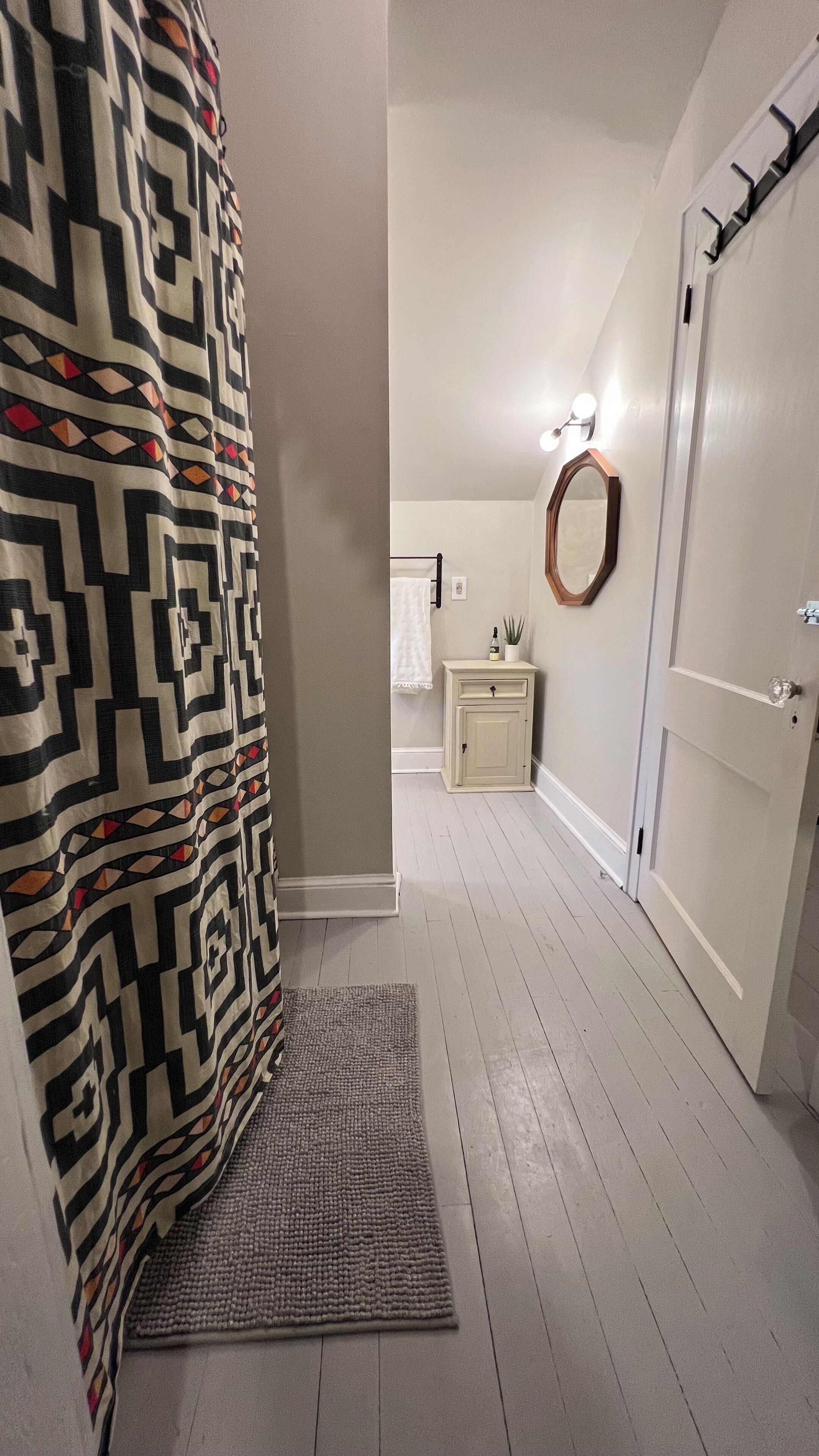 Un couloir avec un rideau de douche à motifs, un petit tapis, une table de chevet avec une plante, un miroir et une porte.